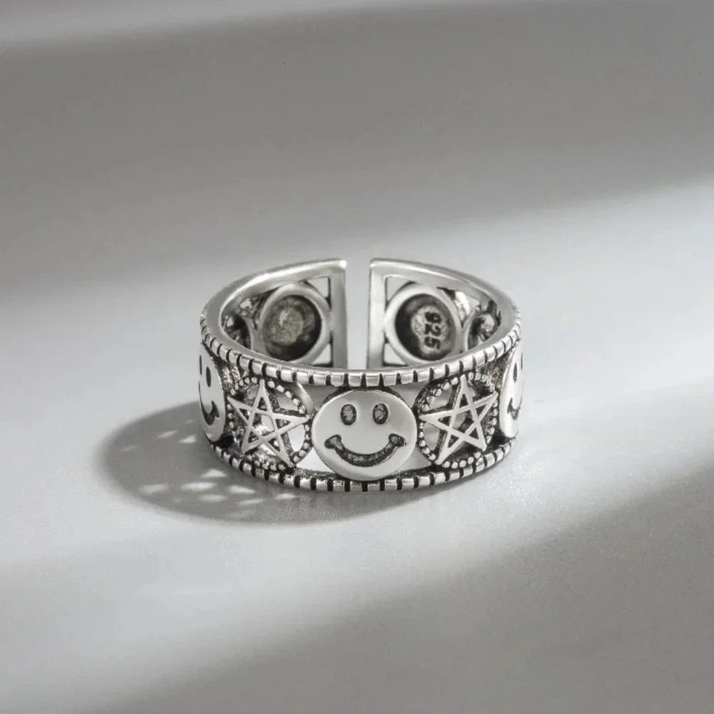 Minimalist 925 Sterling Silver Star Happy Face Ring Band Vintage Silver Ring